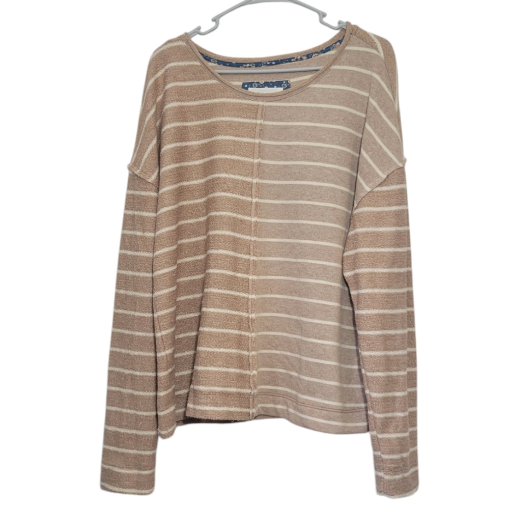 Anthropologie tan and white striped long sleeve pullover sweatshirt size XL
